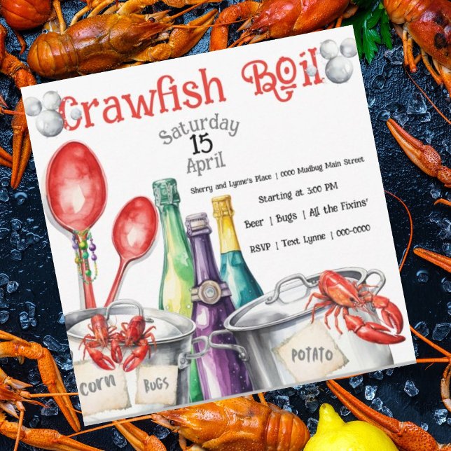 Invitation Fête de la boue et écrevisse (Crawfish Boil party invitations with crawfish, pots and cute spoons.  Customizable. )