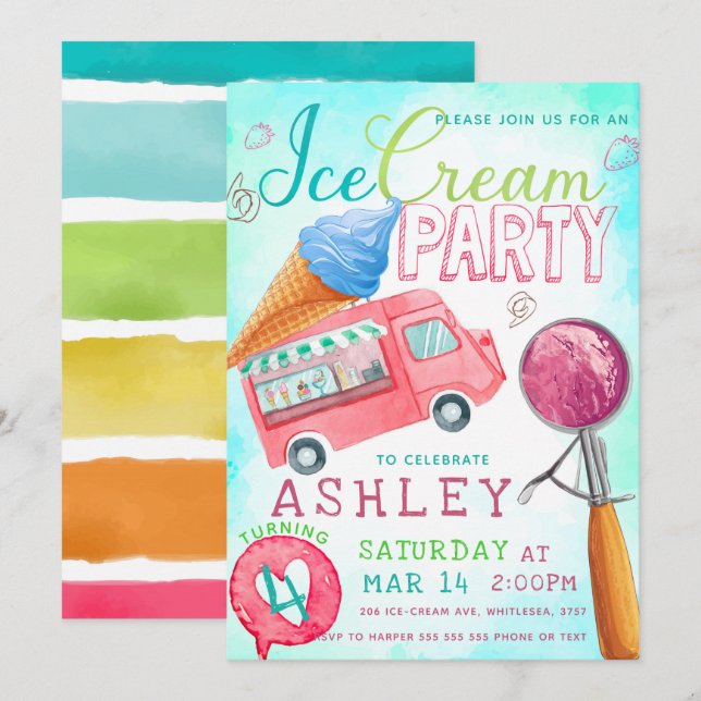 Invitation Fête de la crème glacée Anniversaire (Devant / Derrière)