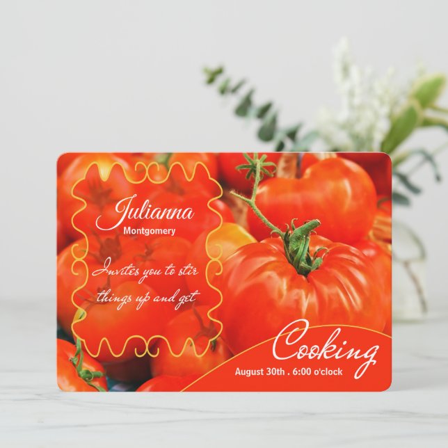 Invitation Fête de la cuisine avec de grosses tomates rouges (Debout devant)