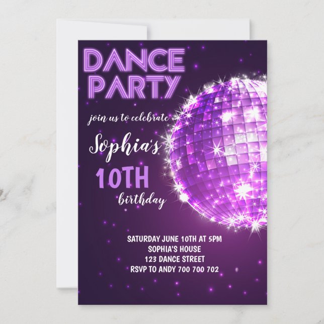 Invitation Fête de la danse Purple Disco Girl Anniversaire (Devant)