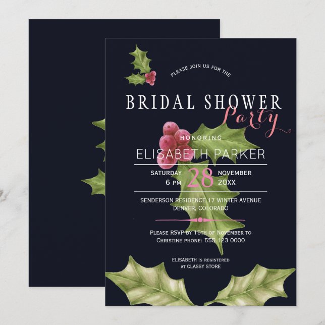 Invitation Fête de la douche nuptiale de Noël des baies sèche (Devant / Derrière)