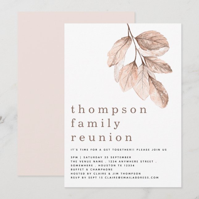 Invitation Fête de la famille Feuille moderne Blush (Devant / Derrière)