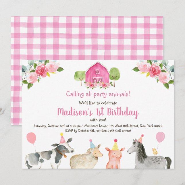 Invitation Fête de la ferme rose Anniversaire animal (Devant / Derrière)