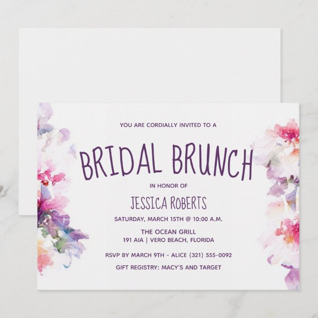 Invitation Fête de la Fête de l'mariée de Brunch Floral Garde (Devant / Derrière)