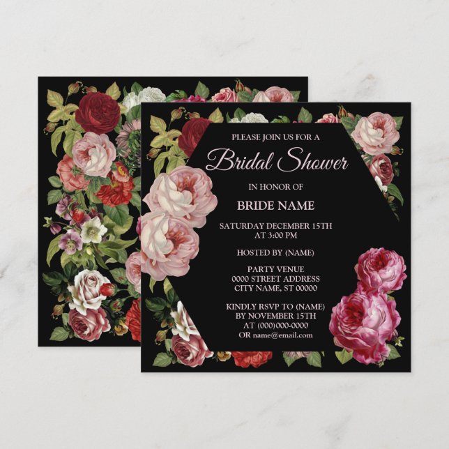 Invitation Fête de la Fête des mariées noire rose rouge (Devant / Derrière)