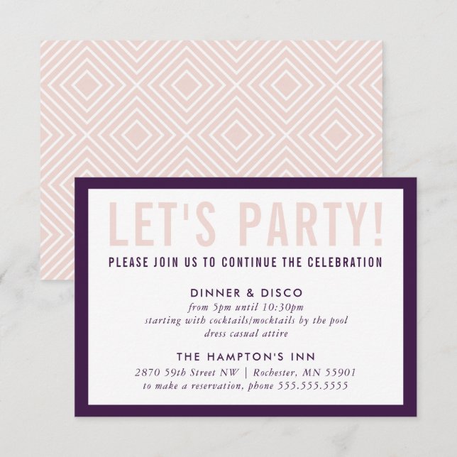 Invitation FÊTE DE LA FÊTE INFO moderne chic aubergine blush (Devant / Derrière)