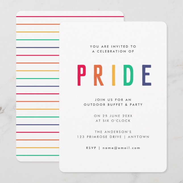 Invitation Fête de la fierté | LGBTQ Gay Modern Rainbow Party (Devant / Derrière)