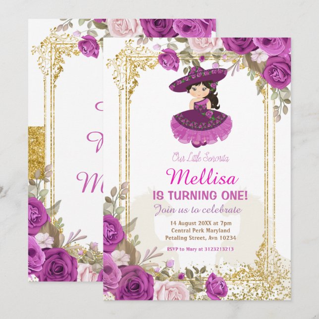 Invitation Fête de la Fille Florale mexicaine Rose violet  (Devant / Derrière)