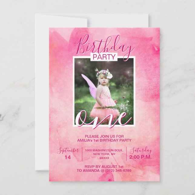 Invitation Fête de la fille rose Aquarelle 1re ANNÉE (Devant)