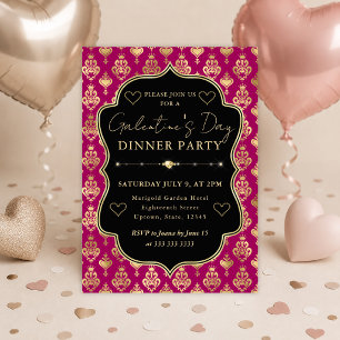 Invitation Fête de la Galentine avec cœur en damas rose et or