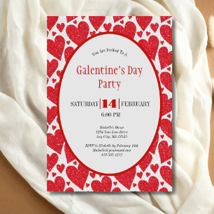 Invitation Fête de la Galentine avec des cœurs rouges scintil