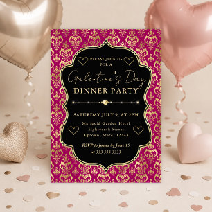 Invitation Fête de la Galentine rose et or à motif damassé