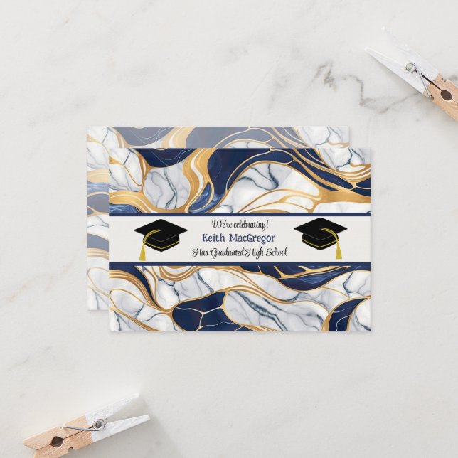 Invitation Fête de la Graduation du Fils en marbre bleu (Devant/Arrière en situation)