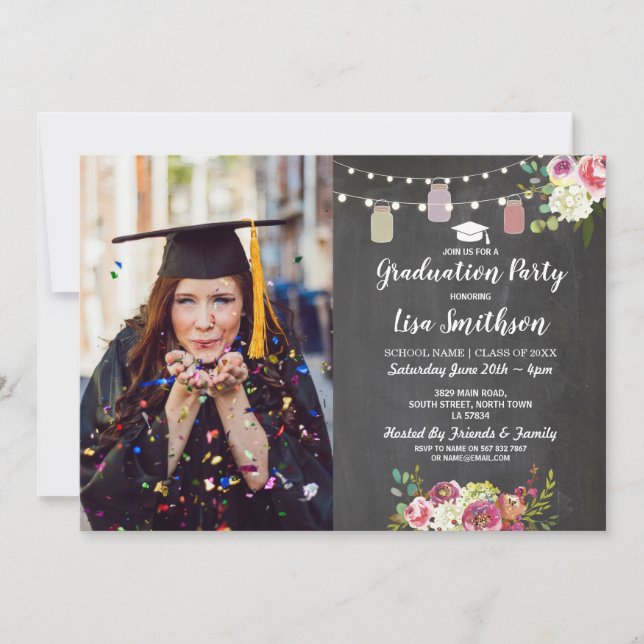 Invitation Fête de la Graduation Rustique Jars Chalk Fleurs P (Devant)