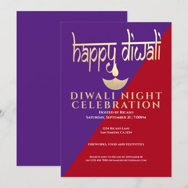 Invitation Fête De La Lumière De Diwali (Devant / Derrière)