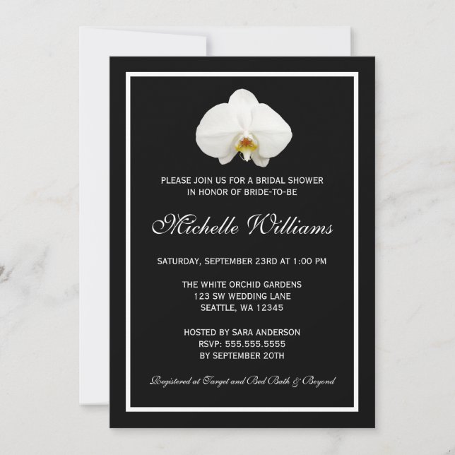 Invitation Fête de la mariée blanche et noire élégante (Devant)
