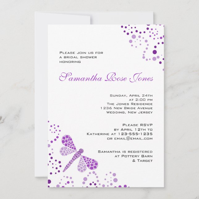 Invitation Fête de la mariée blanche pourpre de Pointillism (Devant)