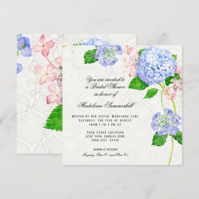 Invitation Fête de la mariée bleue d'aquarelle d'hortensia (Devant / Derrière)