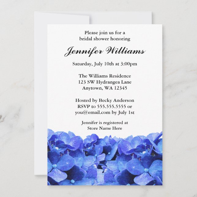 Invitation Fête de la mariée bleue d'hortensias (Devant)