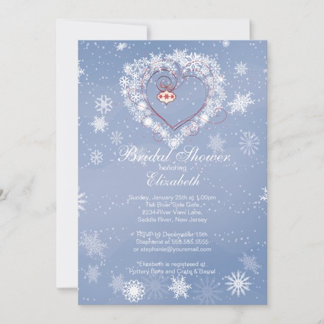 Invitation Fête de la mariée bleue élégante d'hiver de coeur (Devant)