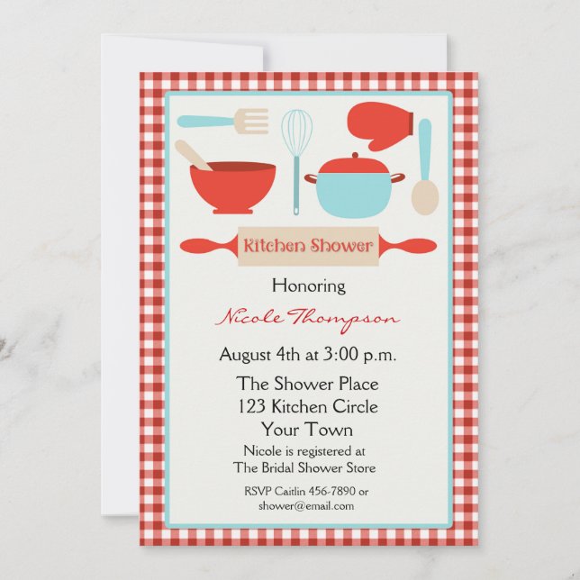 Invitation Fête de la mariée bleue et rouge d'ustensiles de (Devant)