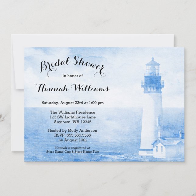 Invitation Fête de la mariée bleue rustique de phare (Devant)
