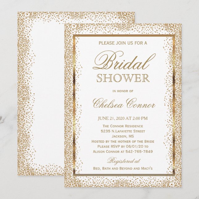 Invitation Fête de la mariée - confettis et blanc d'or (Devant / Derrière)