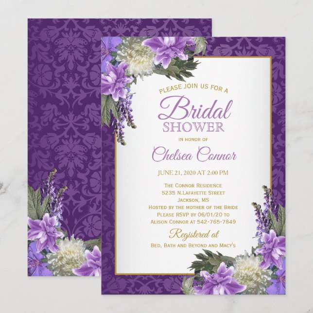 Invitation Fête de la mariée - damassé et or pourpres de (Devant / Derrière)