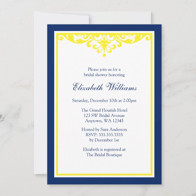 Invitation Fête de la mariée de Flourish de bleu marine et de (Devant)