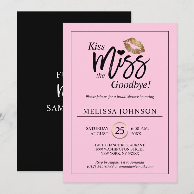Invitation Fête de la mariée de Mlle Goodbye Gold Lips Pink (Devant / Derrière)