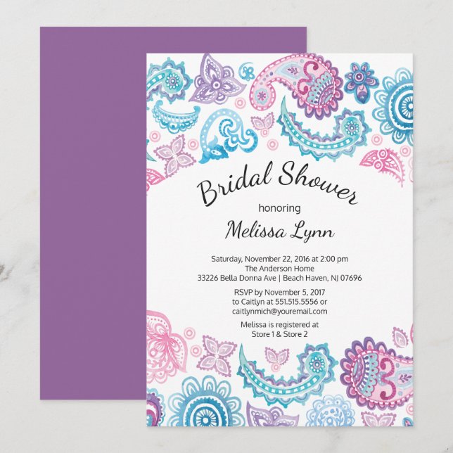 Invitation Fête de la mariée de motif de Paisley d'aquarelle (Devant / Derrière)