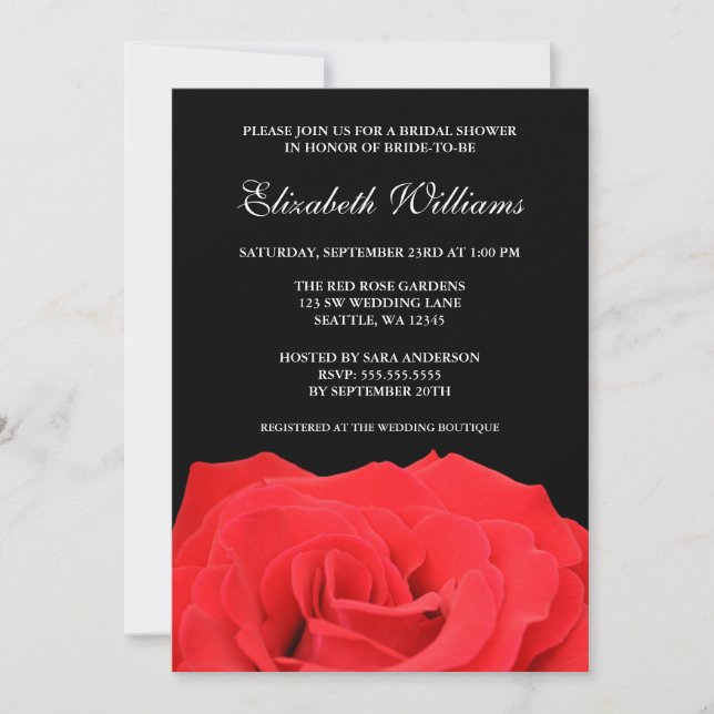 Invitation Fête de la mariée de rose rouge et de noir (Devant)