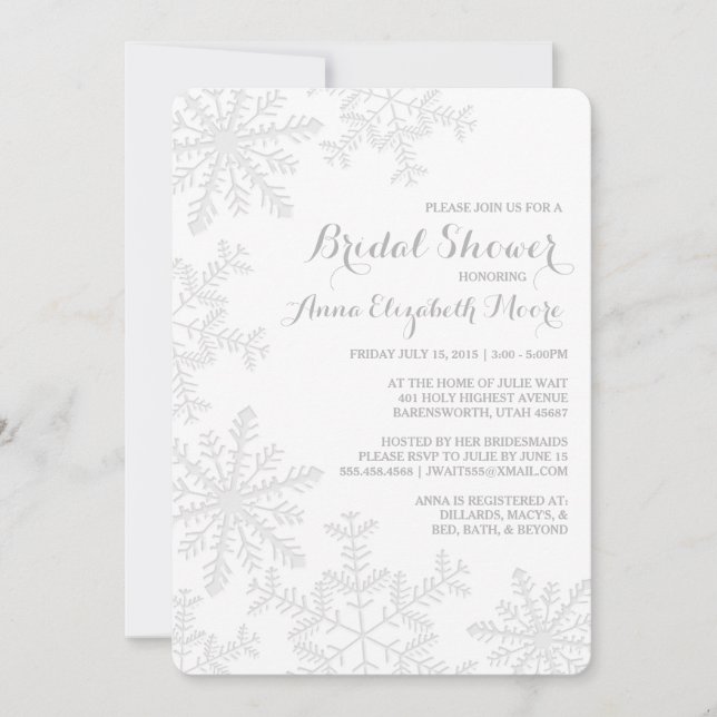 Invitation Fête de la mariée d'hiver de flocons de neige (Devant)
