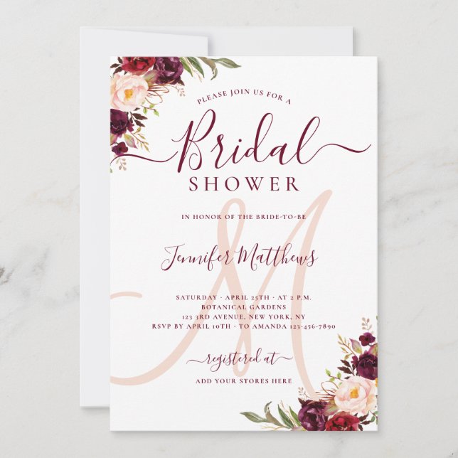 Invitation Fête de la mariée élégante florale de monogramme (Devant)