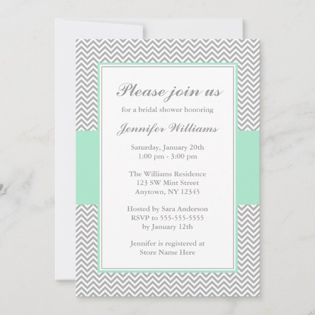 Invitation Fête de la mariée en bon état et grise de Chevron (Devant)