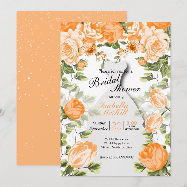 Invitation Fête de la mariée - fleurs botaniques oranges (Devant / Derrière)