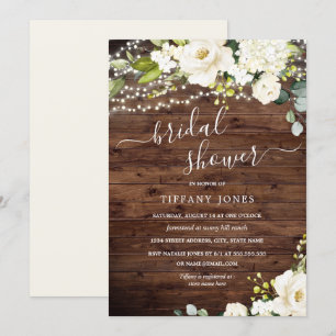 Invitation Fête de la mariée florale blanche en bois rustique