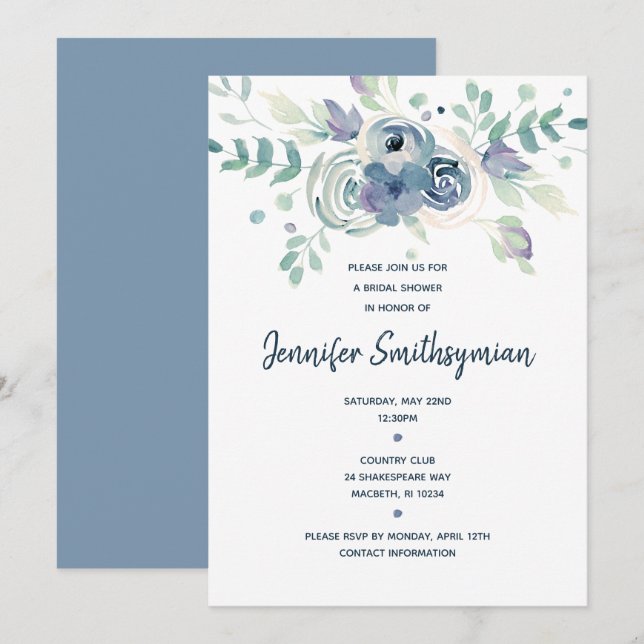 Invitation Fête de la mariée florale d'aquarelle (Devant / Derrière)