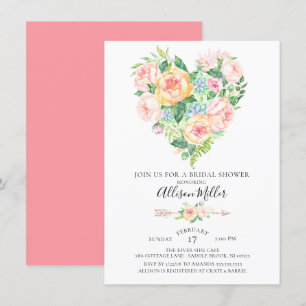 Invitation Fête de la mariée florale de coeur d'aquarelle