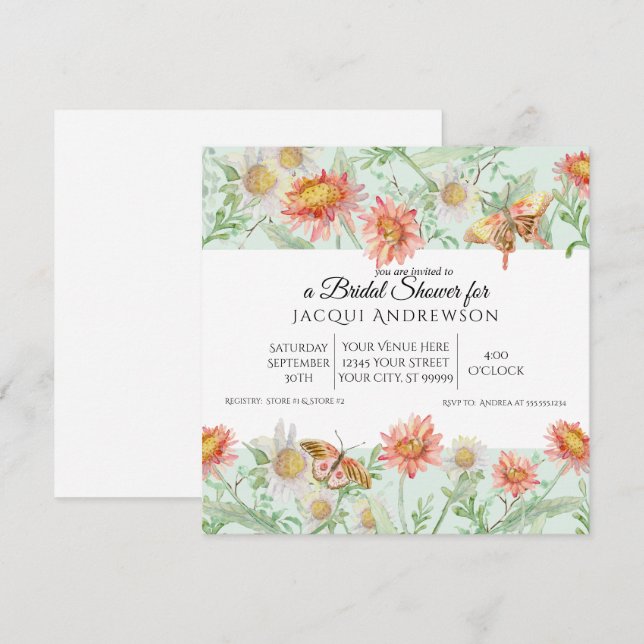 Invitation Fête de la mariée florale ene ivoire de menthe de (Devant / Derrière)