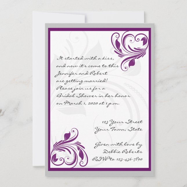 Invitation Fête de la mariée florale pourpre de rouleau de (Devant)