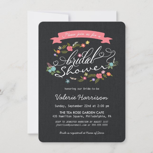 Invitation Fête de la mariée florale rustique de toile de (Devant)
