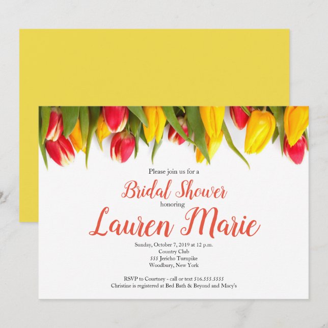 Invitation Fête de la mariée jaune rouge de tulipes (Devant / Derrière)