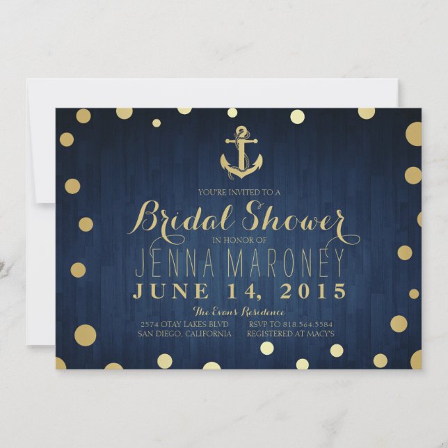 Invitation Fête de la mariée nautique d'Ancre de feuille d'or (Devant)