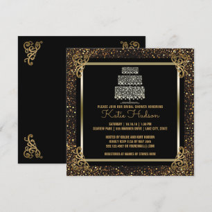 Invitation Fête de la mariée noire de gâteau de mariage d'or