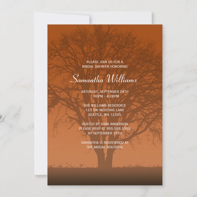 Invitation Fête de la mariée orange rustique de chêne (Devant)