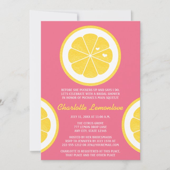 INVITATION FÊTE DE LA MARIÉE ORIENTÉE DE CITRON ROSE ET JAUNE (Devant)