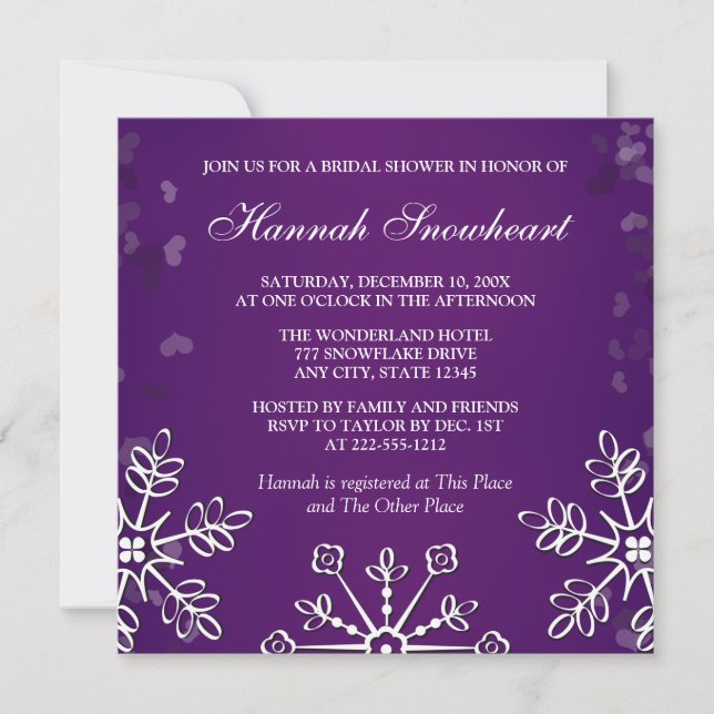 INVITATION FÊTE DE LA MARIÉE POURPRE DE FLOCON DE NEIGE (Devant)