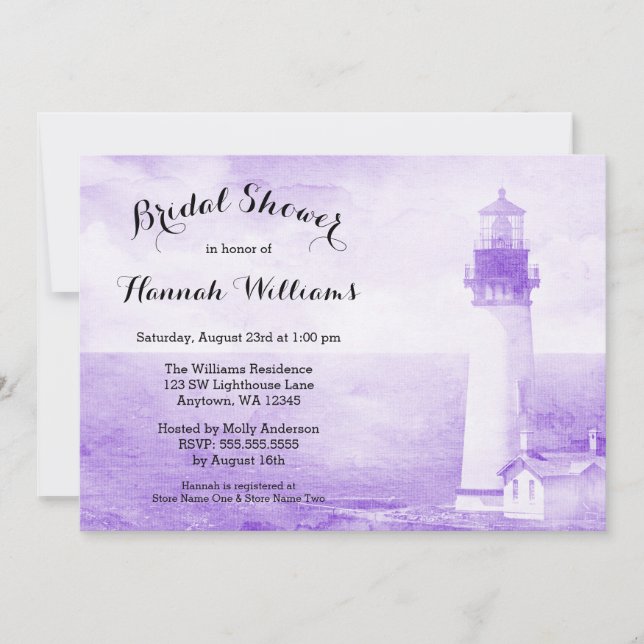 Invitation Fête de la mariée pourpre rustique de phare (Devant)