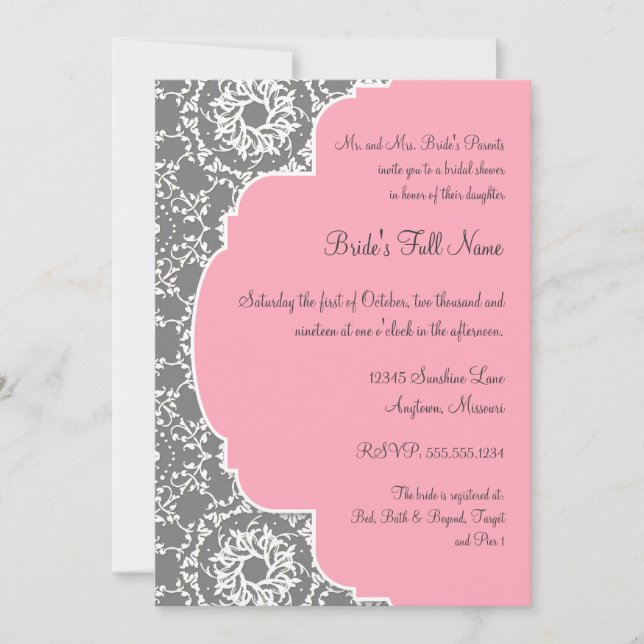Invitation Fête de la mariée rose et grise de damassé (Devant)